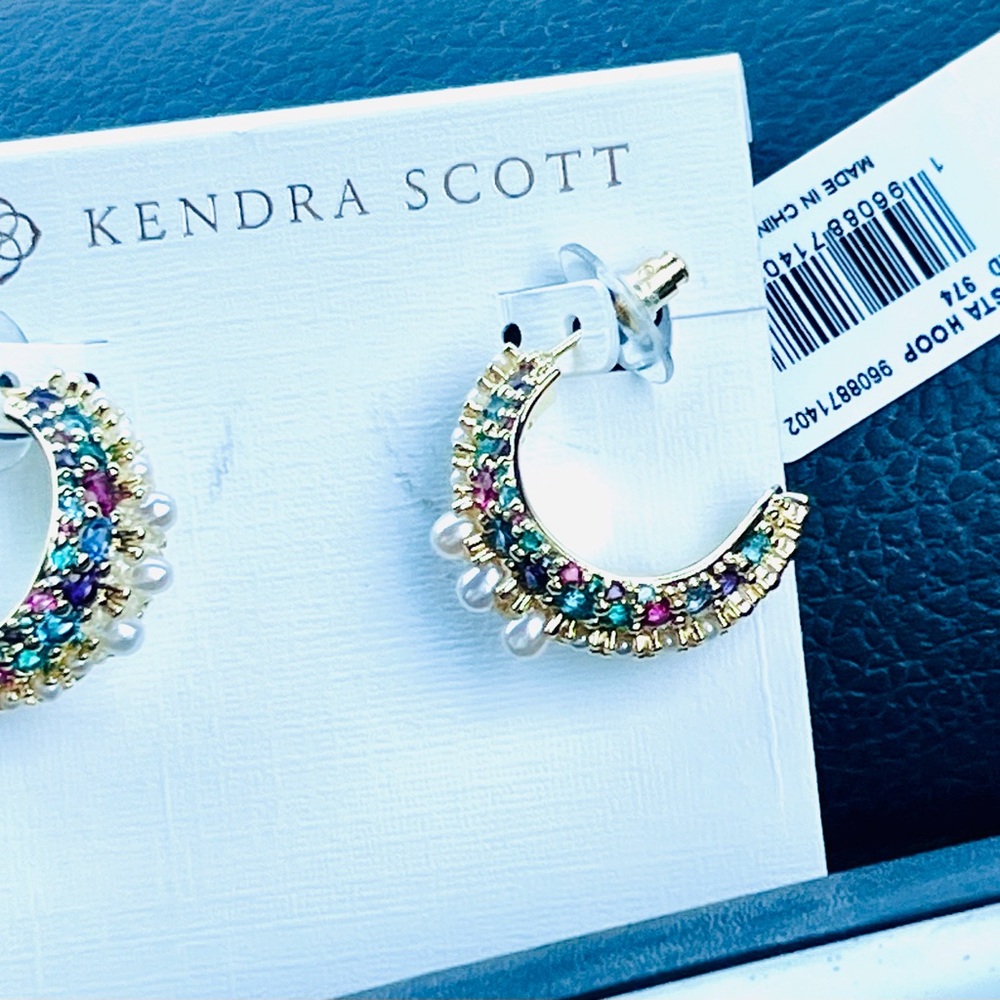 Kendra Scott, Gold, Hoop Earrings, bright Multicolored Crystals, and Pearls, NW